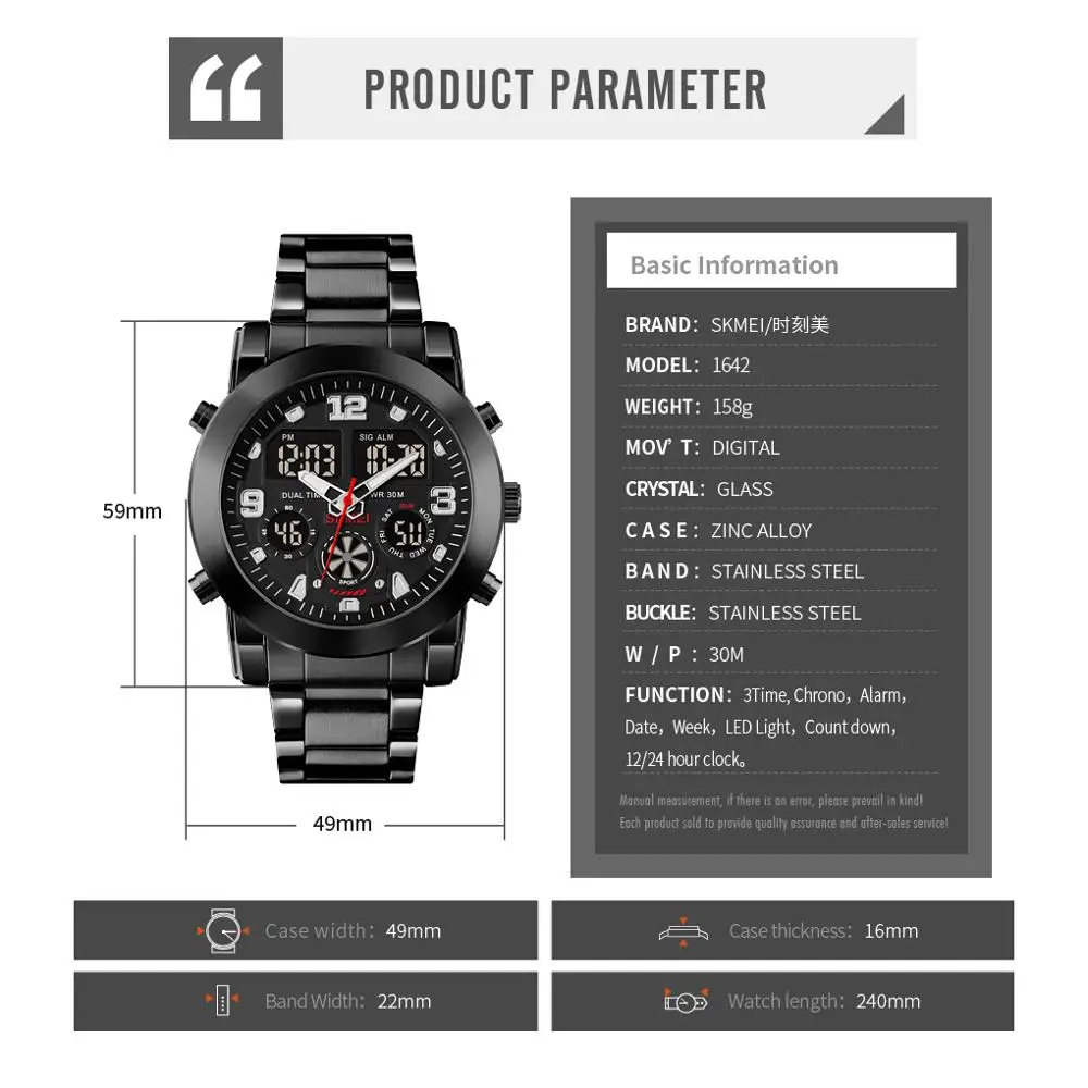 

SKMEI 3 Time Fashion LED Mens Watches Chrono Count Down Digital Wristwatches Casual Stainless Steel Strap Men Watch reloj 1642