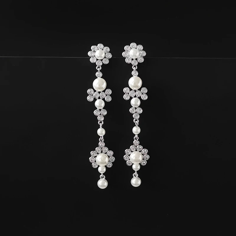 

S925 Sterling Silver Pearl Flower Tassel Earrings Women's Light Luxury Fashion Niche 2021 New Luxury Brand Monaco Jewelry