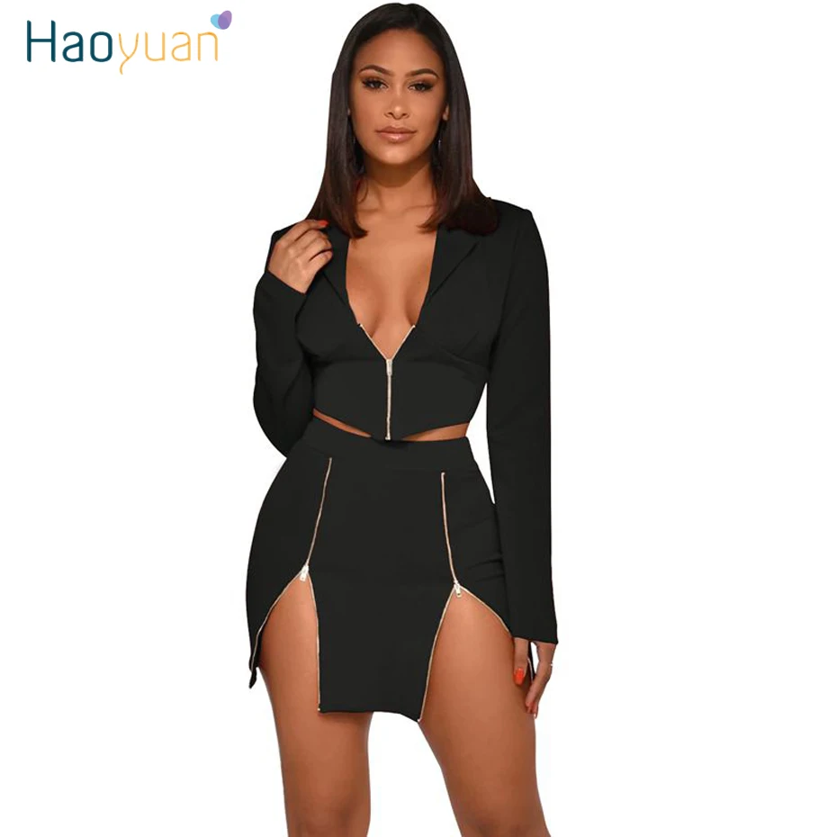 

HAOYUAN Sexy 2 Piece Skirt Set Women Rave Festival Clothes Long Sleeve Zip Crop Blazer Top Matching Sets Two Piece Club Outfits