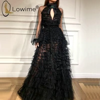 sexy sheer black evening dresses 2020 a line long sleeve high keyhole neck evening gowns long kaftans
