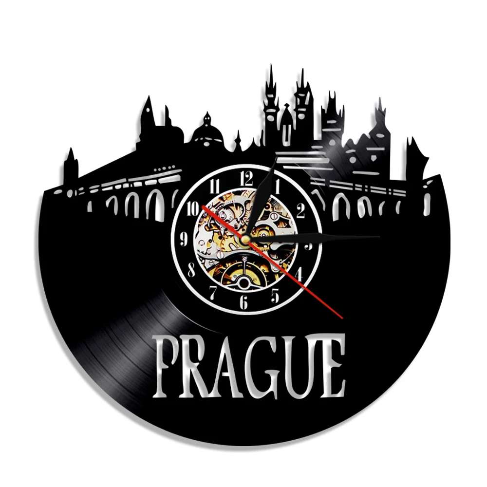 Настенные часы с виниловой пластиной и изображением Праги|Настенные часы| |