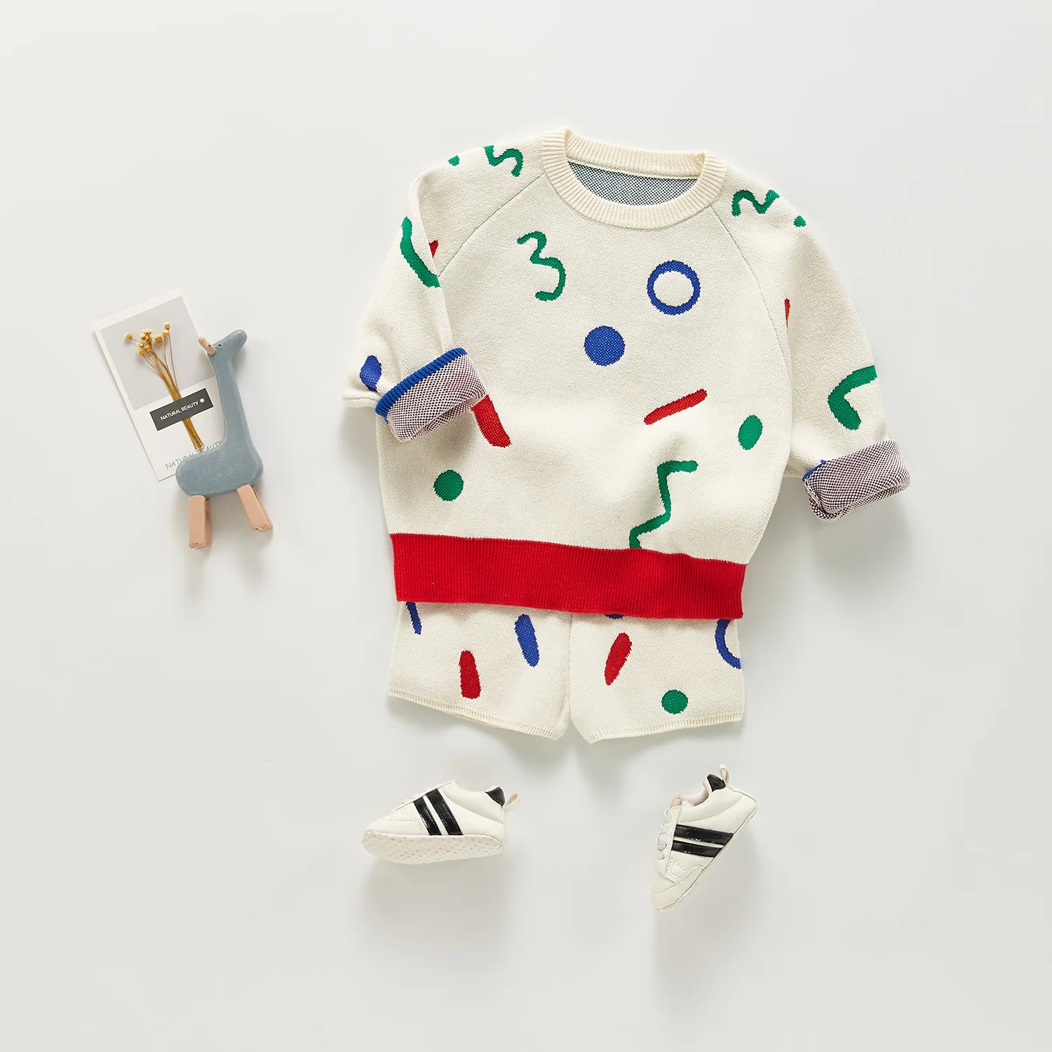 

Facejoyous Newborn 2021 Boys Girls Long Sleeve Knitted Sweater Cotton Casual Geometric Pattern Elastic Shorts Baby Clothing Set