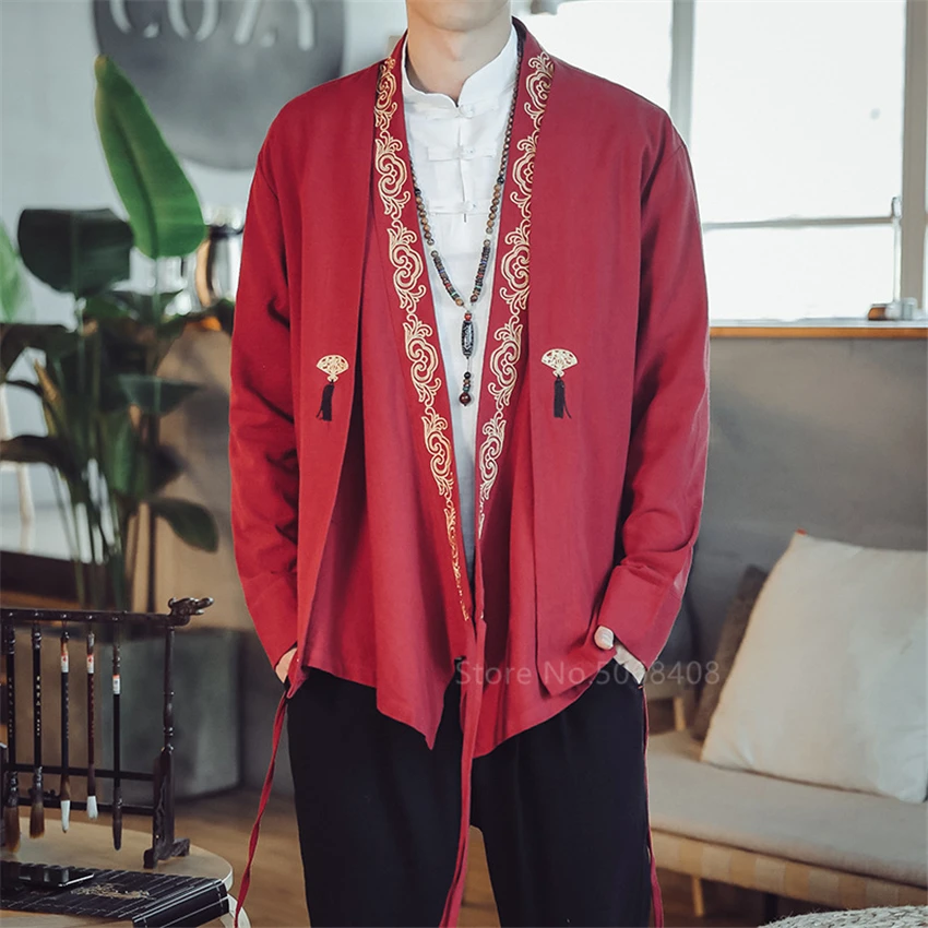 Кардиган кимоно мужской с вышивкой винтажное пальто в японском стиле модная