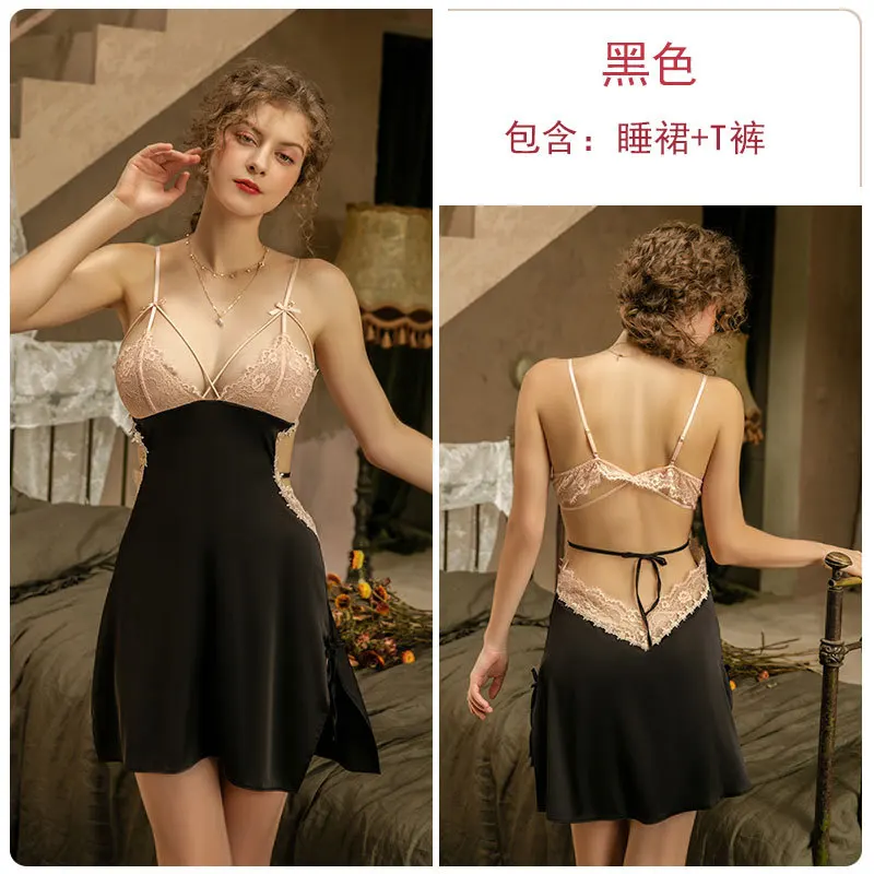 

Sexy Lingerie Sexy Lace Transparent Chest a Temptation Bow Halter Strap Nightdress Tracksuit