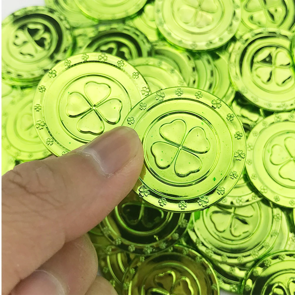 

100pcs Plastic Golden Coins Kids Gold Coins Toy Lucky Four Leaf Clover Coins Funny Playing Toys For Children