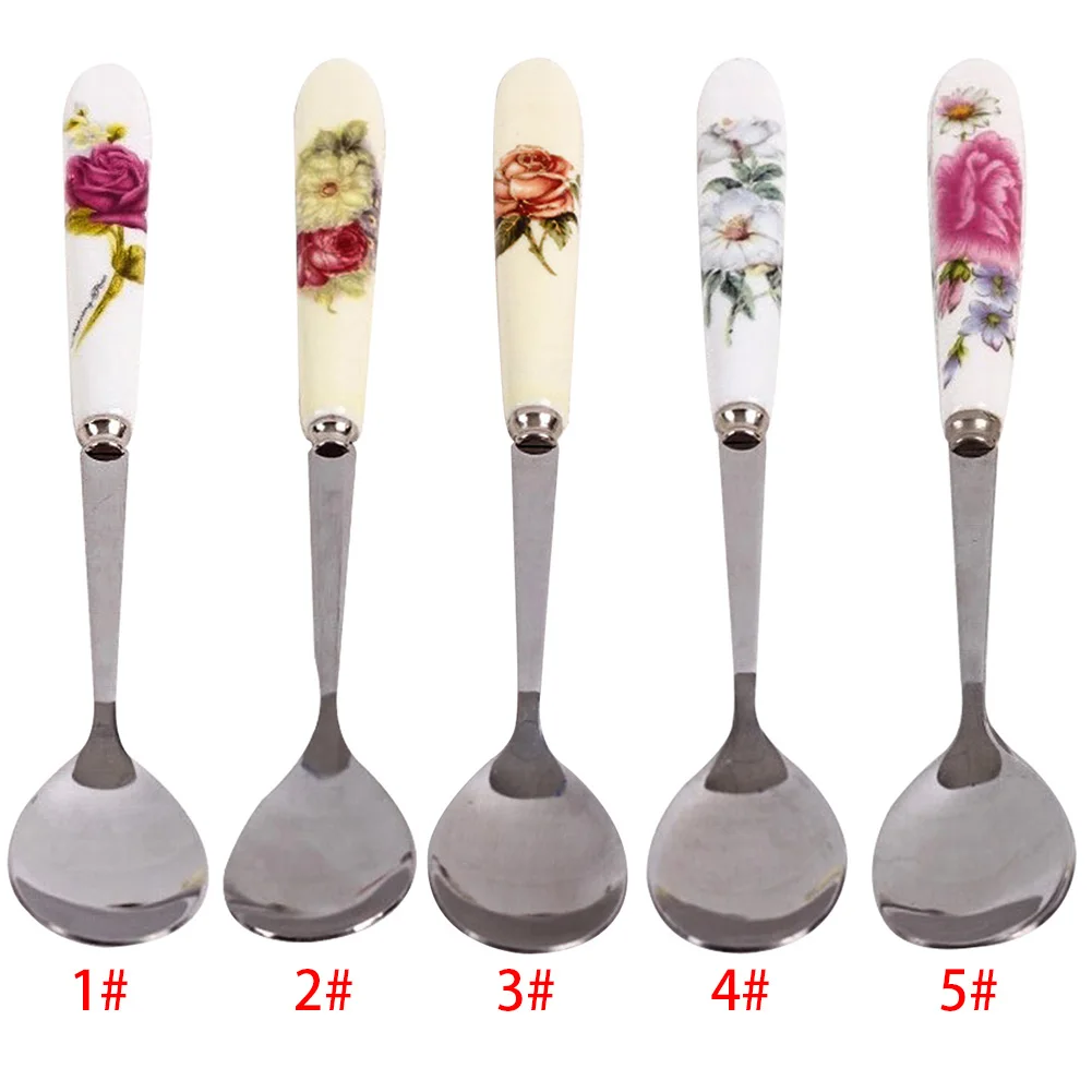 5 шт./компл. 15 см милый цветочный узор Керамика ручкой ложки перемешать Высокое