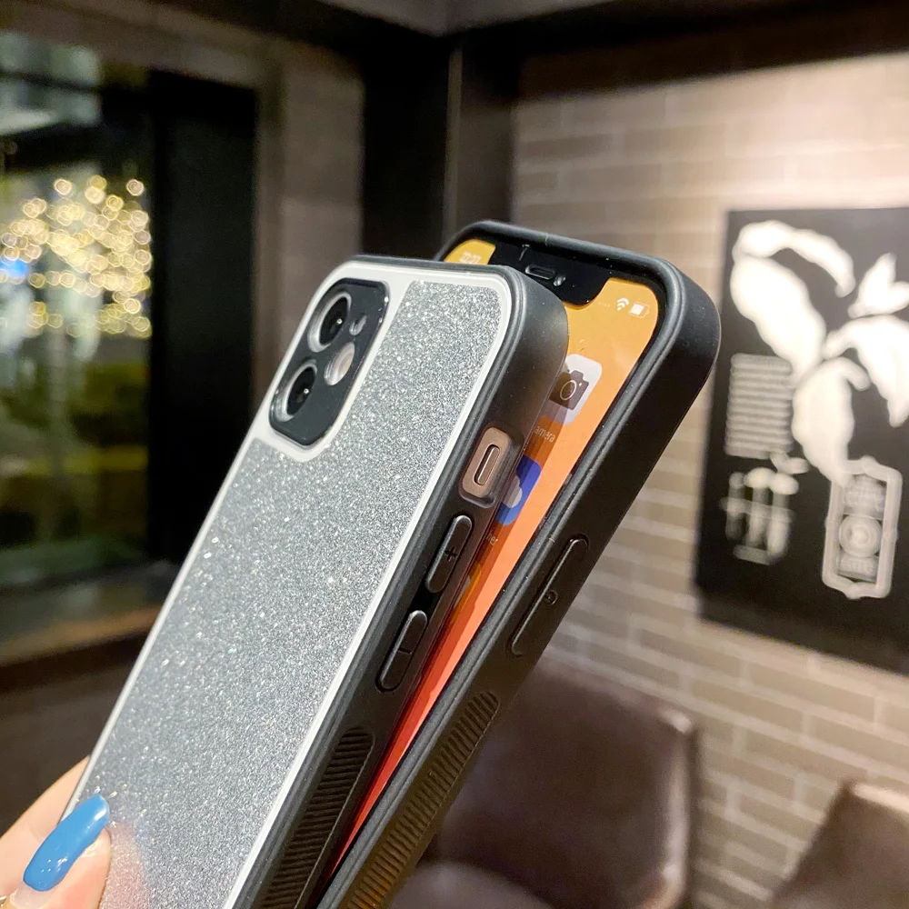 

Luxury Glitter Sequins Camera Protection Soft Edge Phone Case for iphone 12 Soft Silicone Frame Shockproof Cover Coque