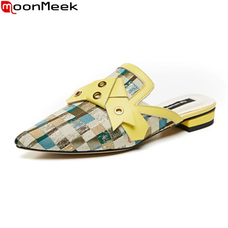 

MoonMeek 2020 new hot sale women slippers genuine leather mixed colors casual shoes summer square heels pointed toe mules shoes