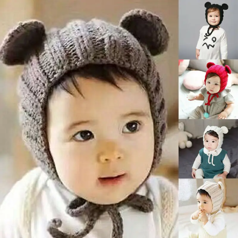 Детская теплая шапочка с милыми медвежьими ушками для маленьких мальчиков и