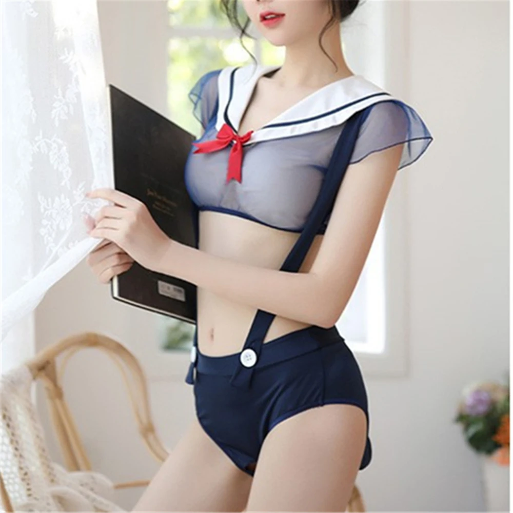 

Sailor Lolita Bow Erotic Cosplay Girl Costume Sexy Underwear Student See Through Uniform Kawaii Lingerie Set