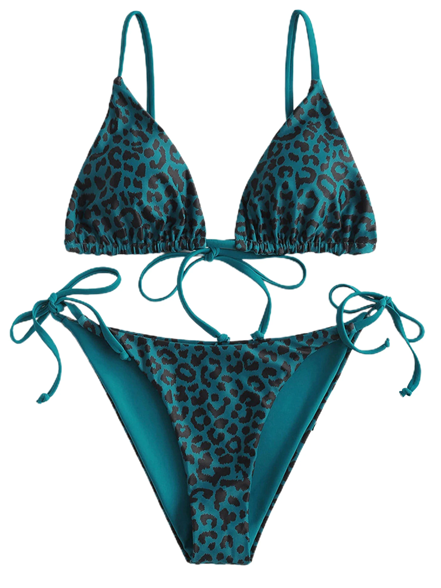 

Women\u2019s Leopard 2Pcs Bikini Suit, Split Style V-neck Drawstring Lace-up Sling Tops with Side Tie Triangle Bottoms