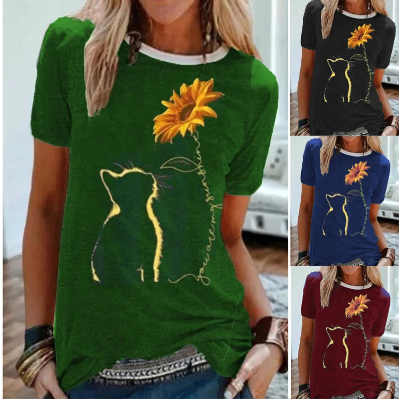 

Summer Cat Sunflower Print T-shirt Women Casual Short Sleeve O Neck Tee Tops For Female Cartoon Cute T-shirts Femme Clothings
