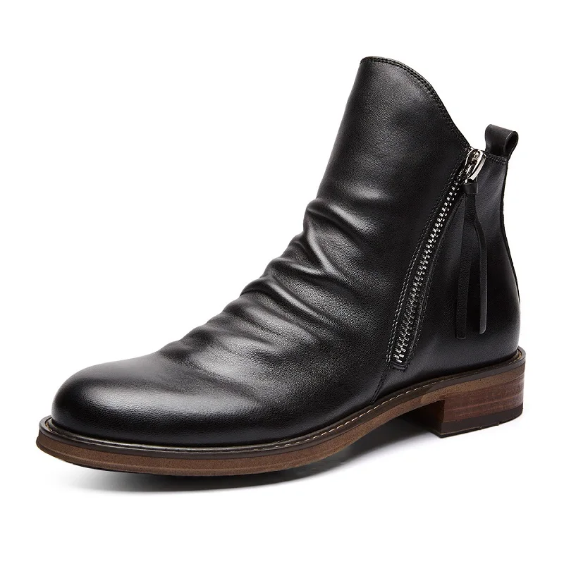 

Fashion New Men Leather Casual Boots Men Comfy Anti-Slip Boots Double Side Zipper Non-slip Sole Men's Boots