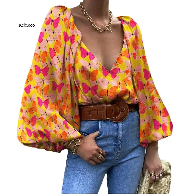 Женский пуловер с длинным рукавом, V-образным вырезом и принтом бабочек