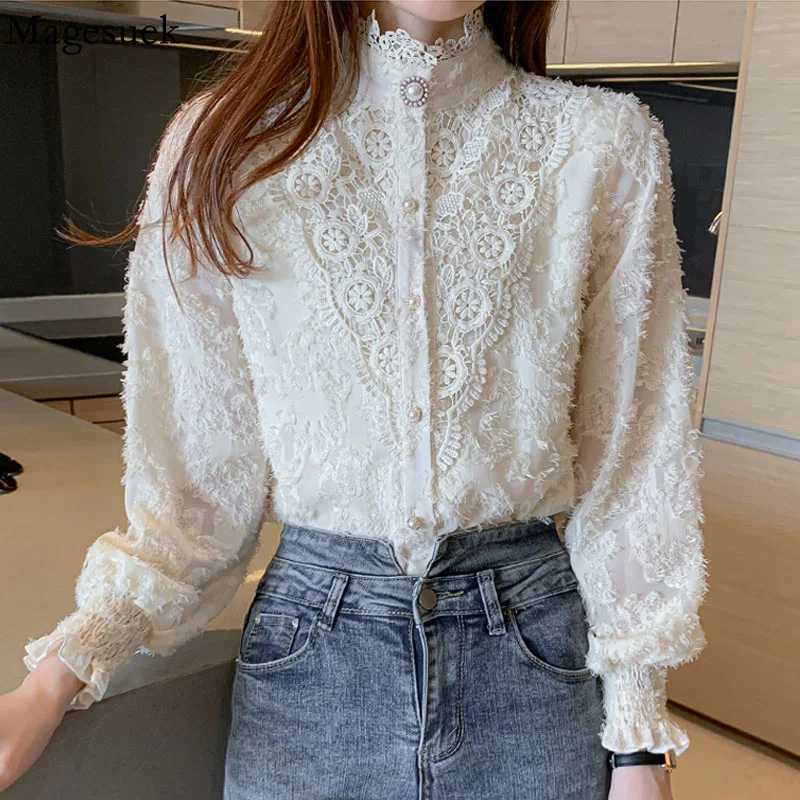 

New Stand Collar Hollow Out Flower Chiffon Shirt 2021 Autumn Elegant Blouse with Lace Beaded Long Sleeve Women Top Blusas 16895