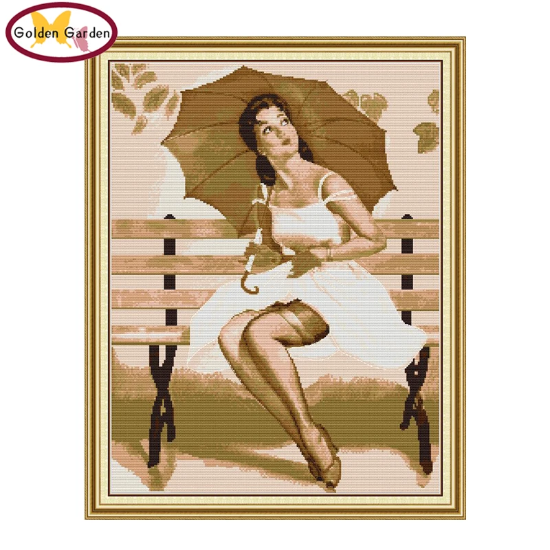 

GG Woman with The Umbrella Painting Cross Stitch Embroidery Needleworks Joy Sunday Cotton Canvas Cross Stitch Kit for Home Decor