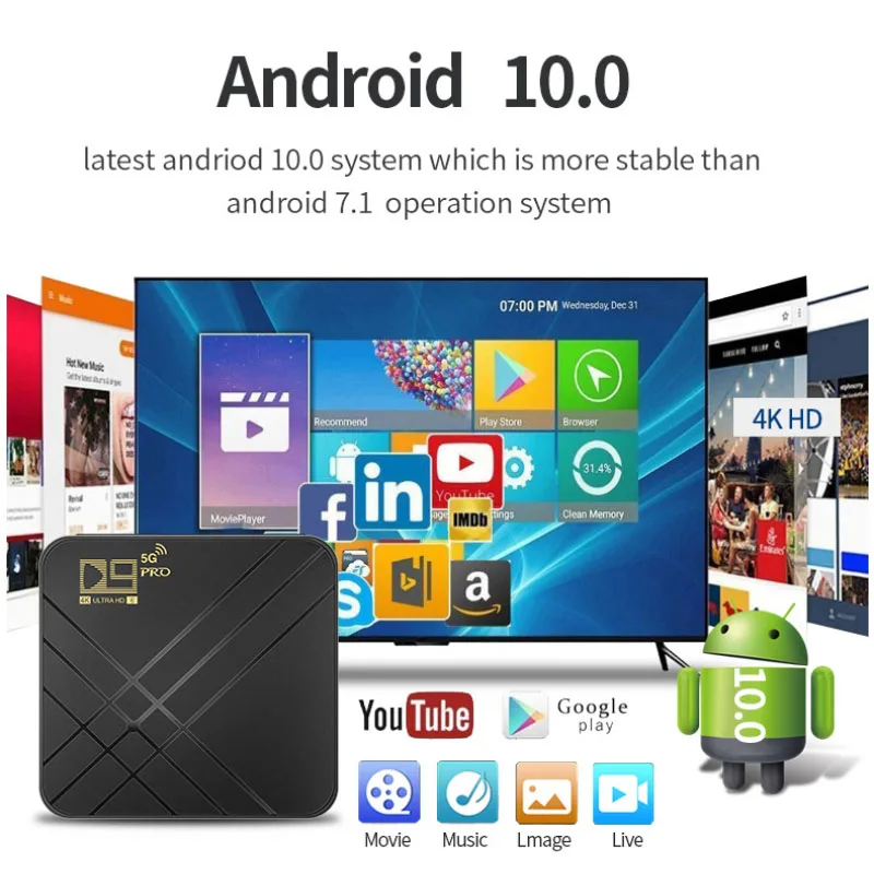 ТВ-приставка Android 10 0 2 Гб 16 4K H.265 медиаплеер 3D видео 4G 5 ГГц Wi-Fi Bluetooth-совместимая