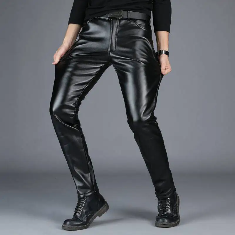 

Moto Biker Faux Leather Pants Men Joggers Harem Pant Elastic Waist Zipper Pockets Black Streetwear Slim Fit Men Clothing