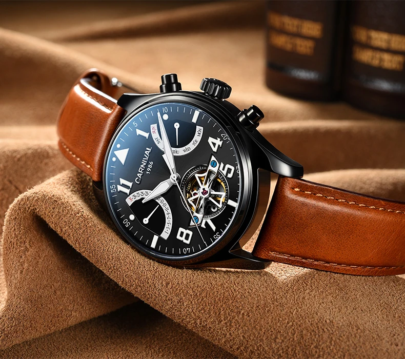 Tourbillon, мужские часы, розовое золото, чехол, синий циферблат, карнавал, автоматические часы, мужские, люксовый бренд, механические часы, Мода
