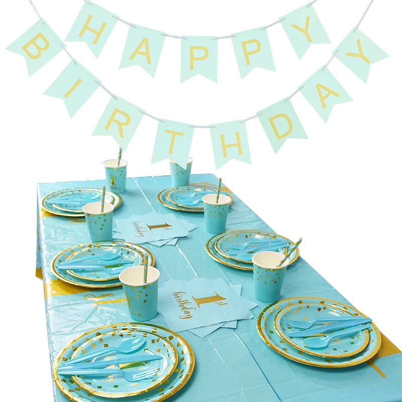 Детская одноразовая посуда на первый день рождения розовая синяя Салфетка под