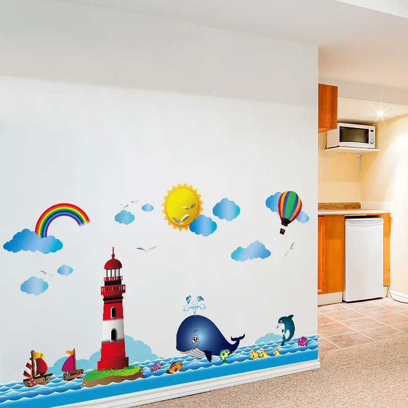 

Ocean underwater world cartoon wall sticker lighthouse children's room kindergarten Living Room skirting line sticker