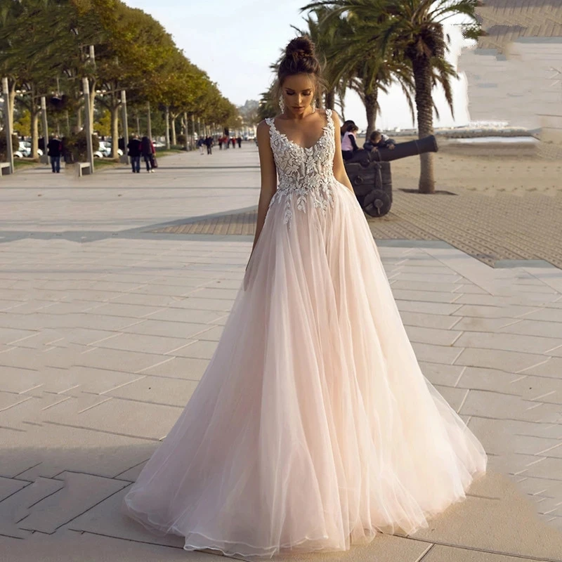 

Princess Boho Long Wedding Dresses 2021 Tulle V-neck Backless Bride Dress Sleeve 3D Appliques Lace Bridal Gowns Vestido De Novia