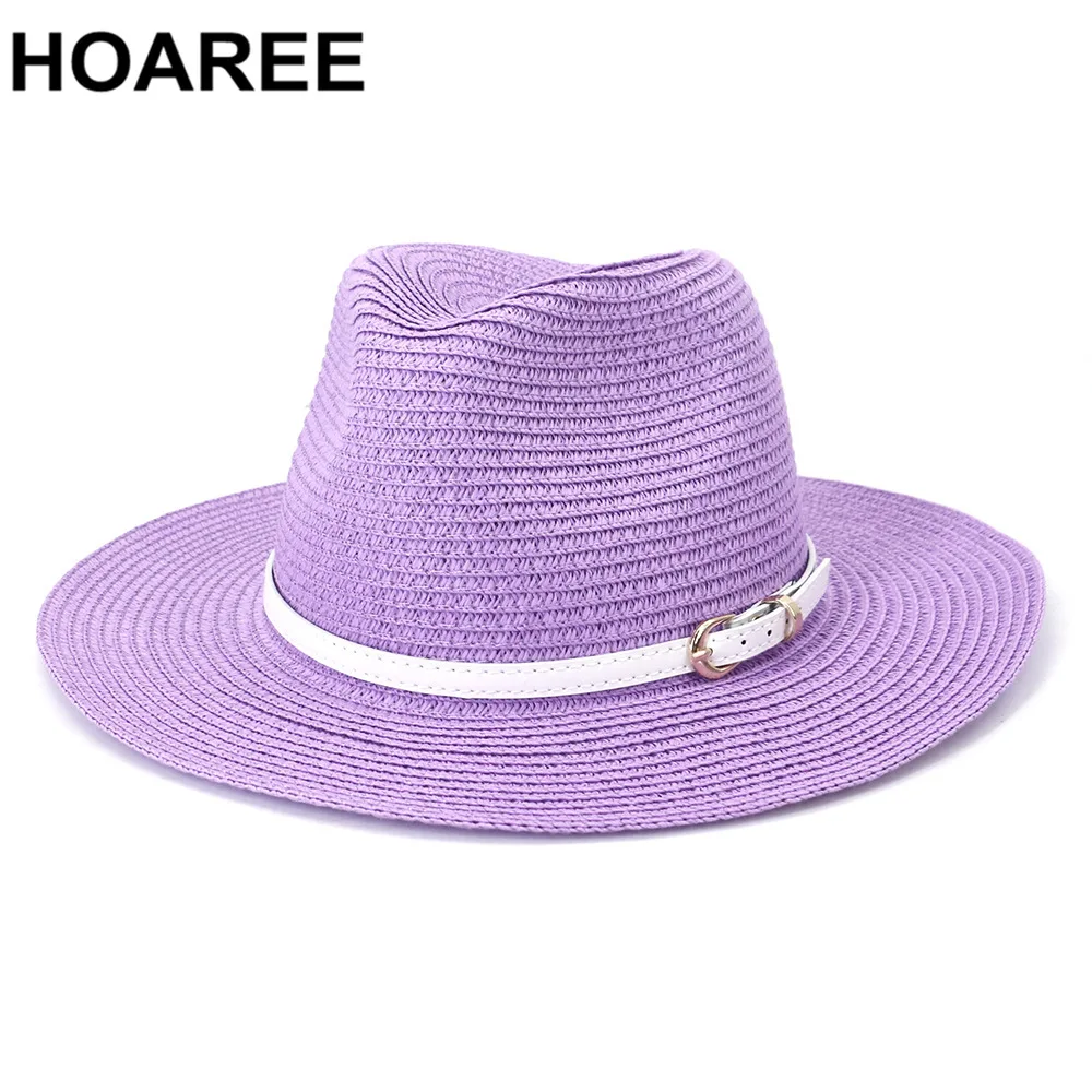 

HOAREE Purple Panama Hat Straw Men Women Hat Summer Cap Belt Decorate Sunhat Chapeau Sun Protect Sombrero