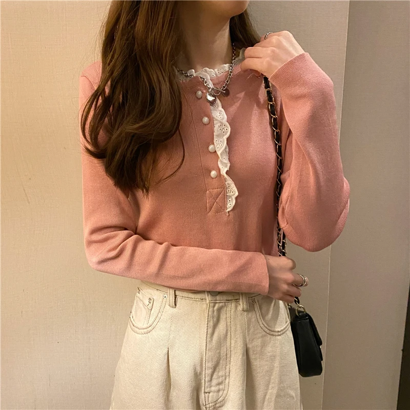 

Spring Autumn Women Sweater Korean Ladies Jumper Long Sleeve Ruffles Buttons Knitted Pullover Tops Cute 2020 Pull Femme