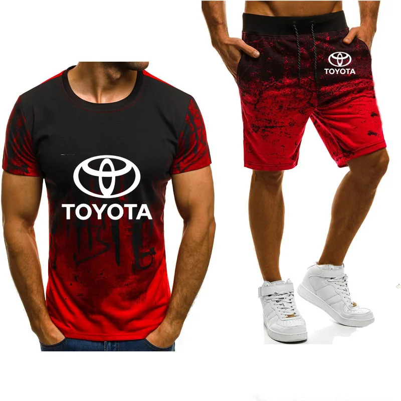 

NEW Summer Men's short sleeve Toyota Car Logo Printed Gradient High Quality Cotton casual Mens T-Shirt Pants Suit 2Pcs H