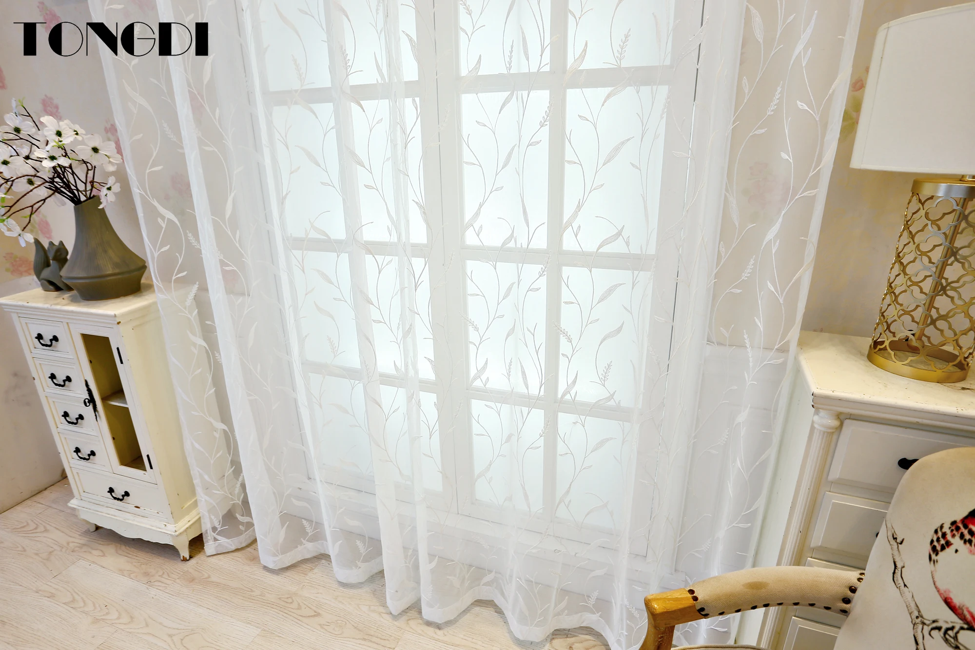 TONGDI Белый Тюль с вышивкой занавеска элегантные цветочные листья прозрачное
