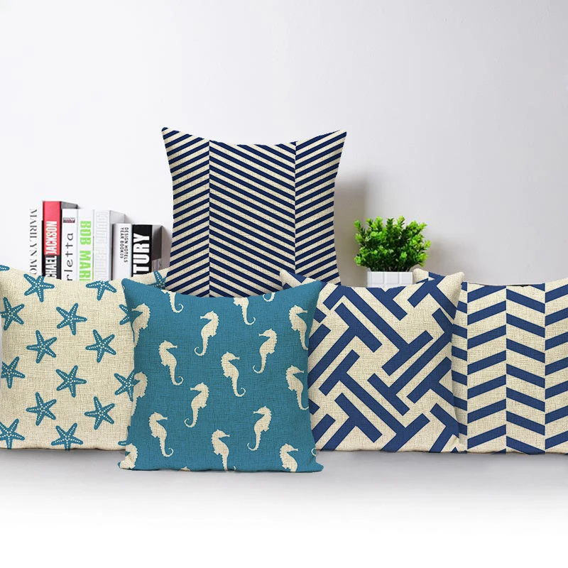 Синяя полосатая наволочка для подушки Геометрическая Starfishs Marine Life с принтом