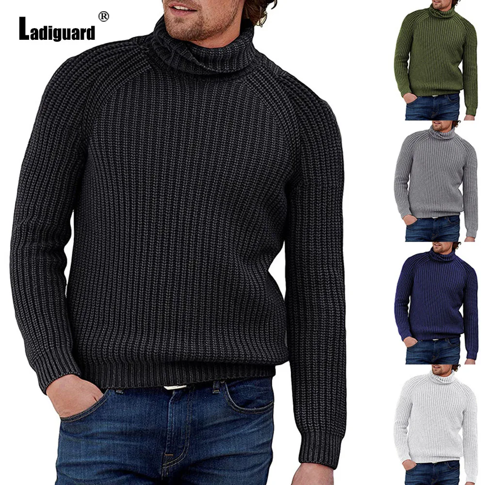Ladiguard Men Sweater Solid Basic Top Simple Model Knitwear 2021 Winter Fashion Knitted Casual Pullovers Mock Neck Sweater Homme