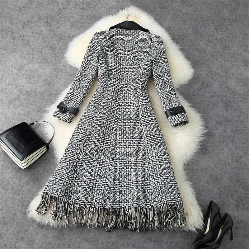 

Fashion Autumn Winter 2021 Turn Down Collar Plaid Tassel Tweed Woolen Jackets Long Wool Blends Coats Elegant Overcoat Outerwear