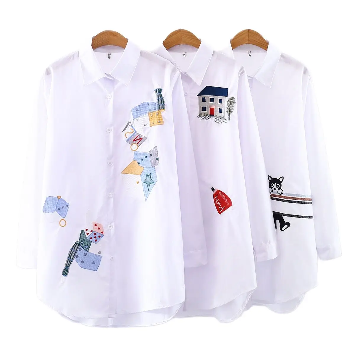 

Real Shot Spring New Korean Loose Middle And Long Embroidered Student's White Shirt