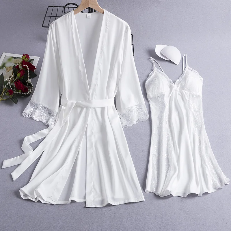 

Sexy Lace Trim Kimono Bathrobe Nightgown White Bride Bridesmaid Wedding Robe Sleepwear Casual Loose Rayon Nightdress Home Dress