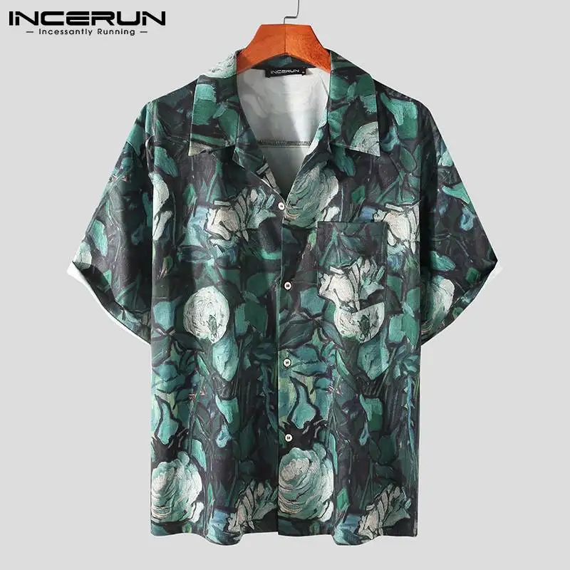 

2021 Summer Men Printed Shirts INCERUN Vintage Short Sleeve Lapel Neck Camisa Man Leisure Pockets Loose Blouse Streetwear S-5XL