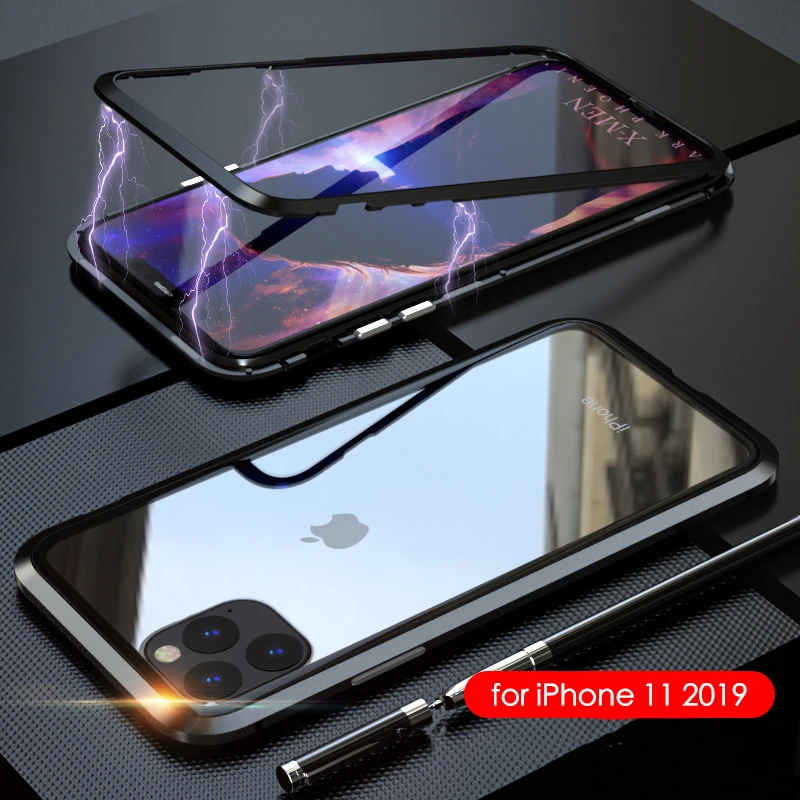 Черный Роскошная Магнитная Адсорбция задняя крышка для iPhone 11 закаленное стекло встроенный Магнит чехол для iPhone 11 металлический бампер чехол - Цвет: Черный