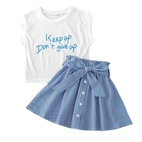 toddler kids baby girls summer short sleeve letter tops t shirts striped belt skirts buttons children clothes sets 2pcs 2 7y