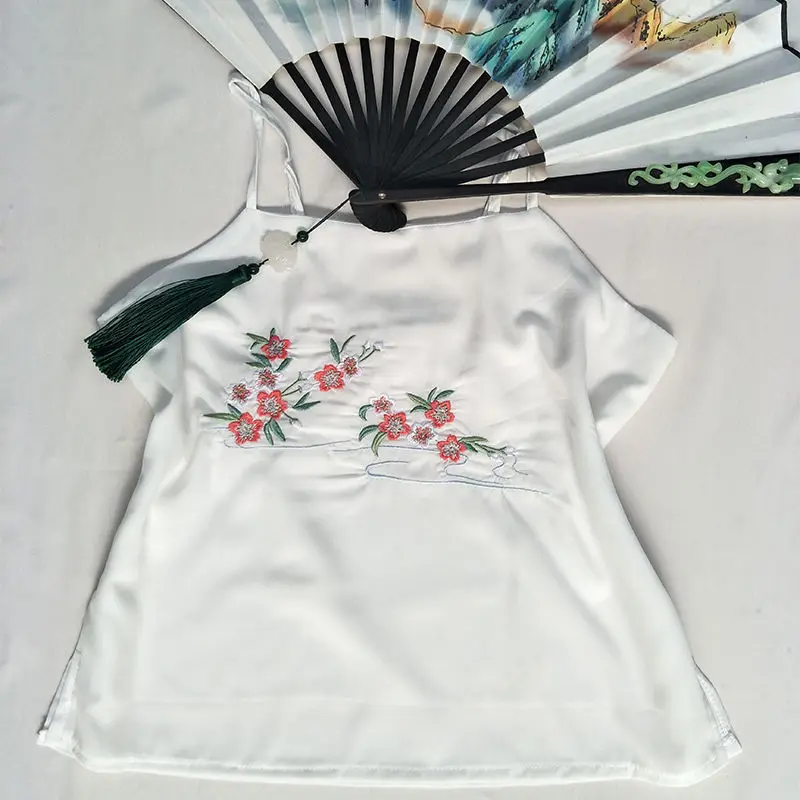 2021 китайские топы женская кофта шелковые атласные традиционные майки с вышивкой