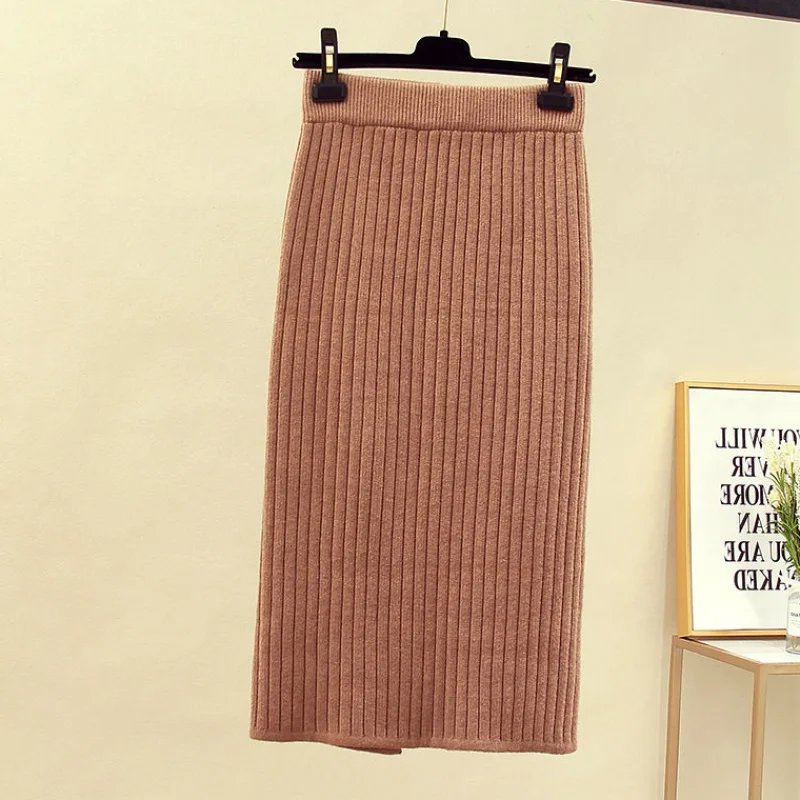 

Mid-long Knitted Half-length Skirt Women's High waist One-step Skirt Autumn And Winter Hip Skirt Open-forked Elegant Skirts