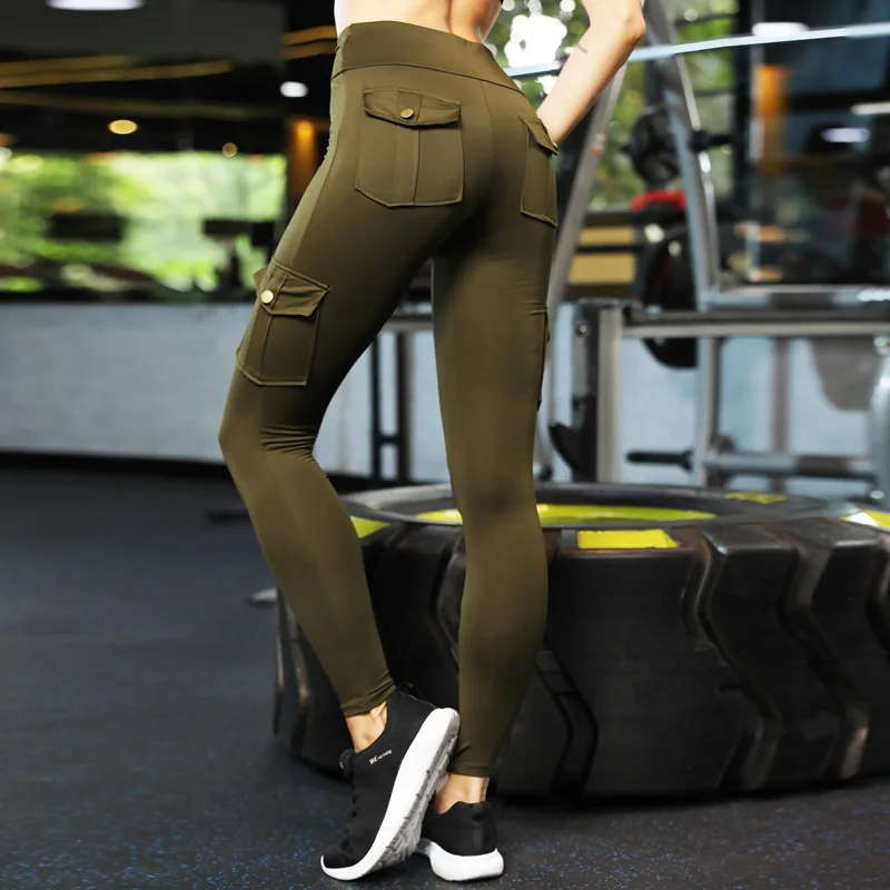 Fitness Women Leggings Withe Pocket Solid High Waist Push Up Polyester Workout Leggings Cargo Pants Casual Hip Pop Pants