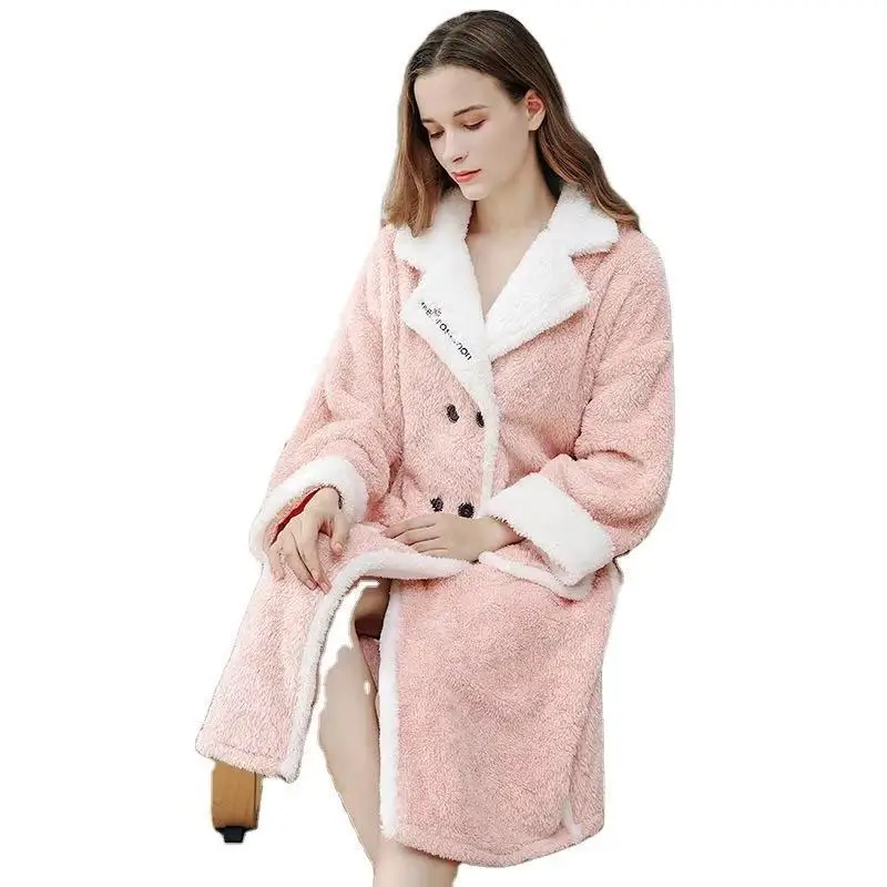 

High Quality Women's Nightgown Flannel Keep Warm Bathrobe Noble Sleepwear Pink Nightdress Loose Plus Size Home Clothes Long Robe
