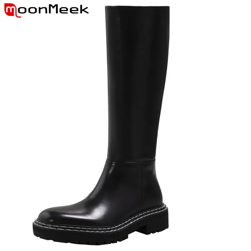 

MoonMeek Hot Sale Full Genuine Leather Shoes Women Knee High Boots Fashion Cool Autumn Winter Low Heels Women Motorcycles Boots