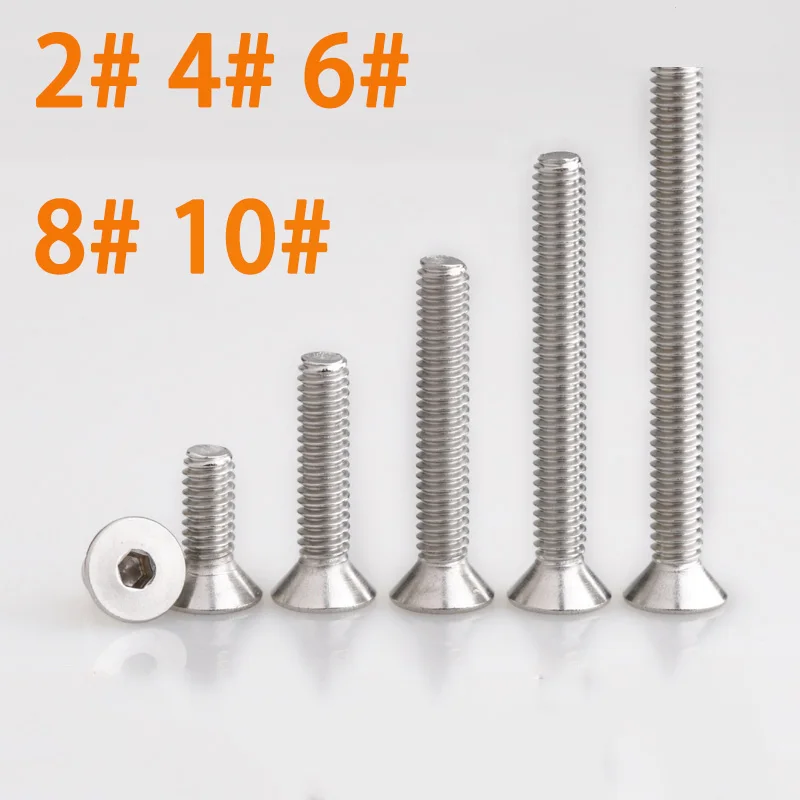 

5/10/30pcs UNC 2#-56 4#-40 6#-32 8#-32 10#-24 US Coarse Thread 304 Stainless Steel Hex Socket Flat Countersunk Head Screw Bolt