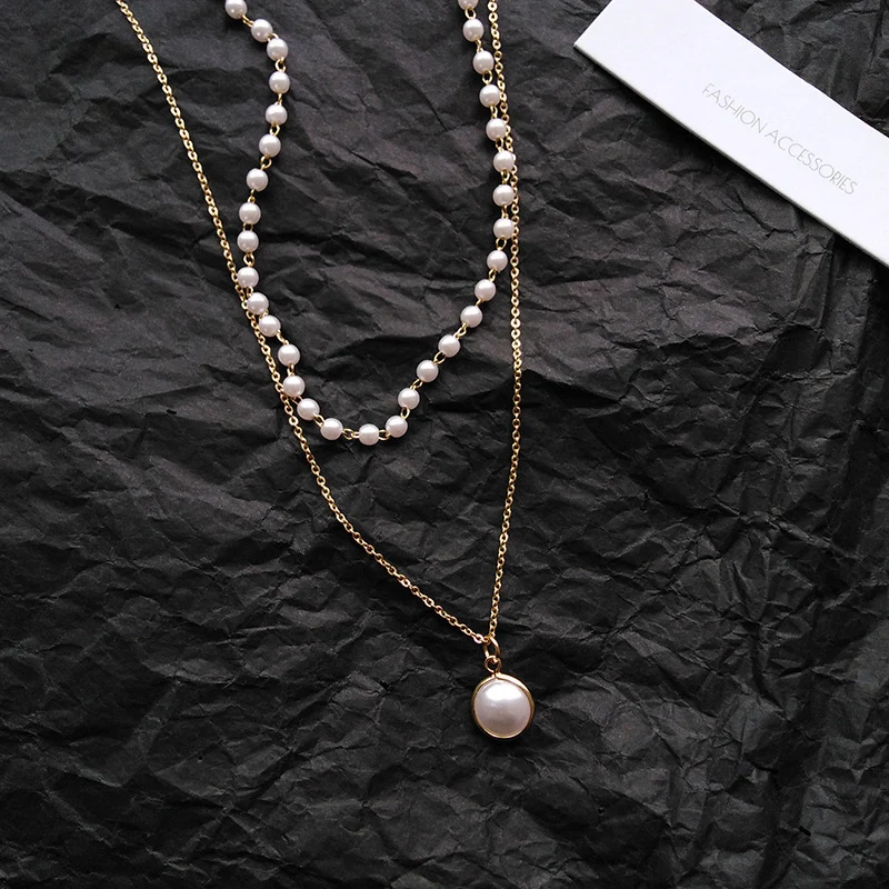 

New Fashion Kpop Pearl Choker Necklace Cute Double Layer Chain Pendant Girl Gift