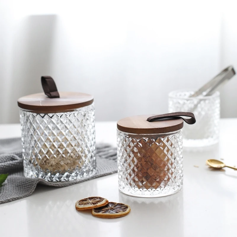 55KF Diamond Pattern Glass Jar with Wooden Lid Handle Coffee Storage Tank Tea Spice Clear Bottle Can Food Kitchen Container | Дом и сад