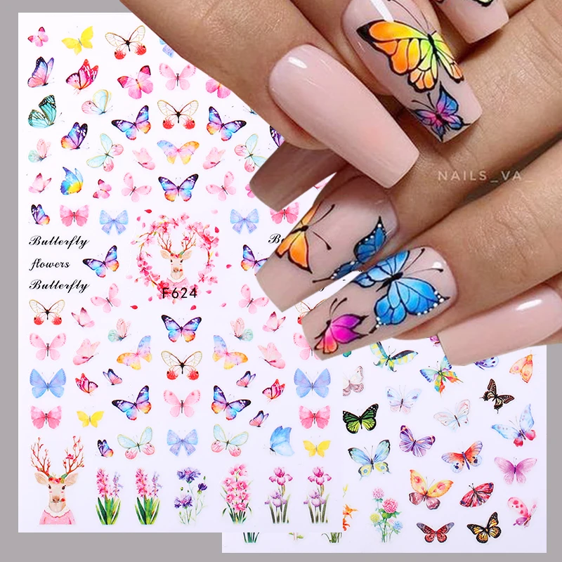 3D наклейки для ногтей с бабочками клейкие слайдеры красочные цветы