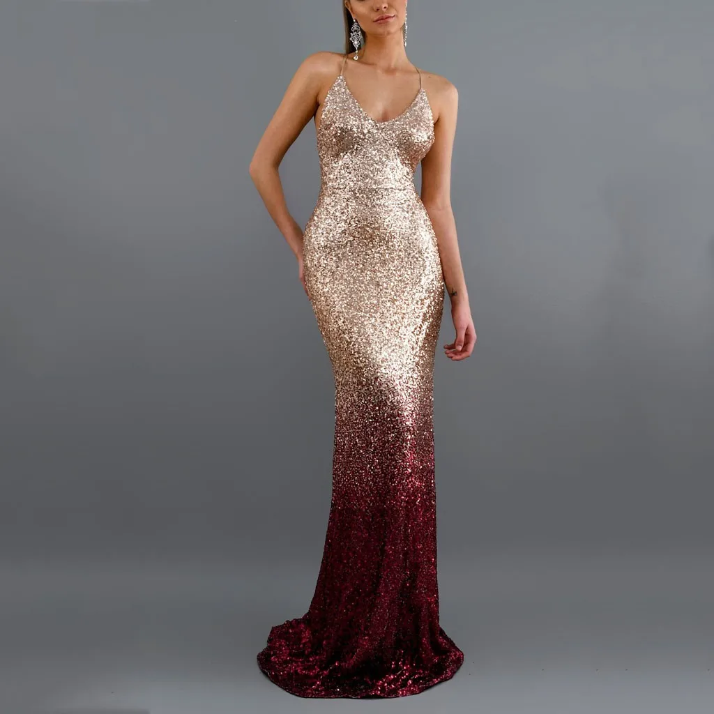 Сексуальные вечерние платья макси с блестками стрейч длина до пола темно-синее