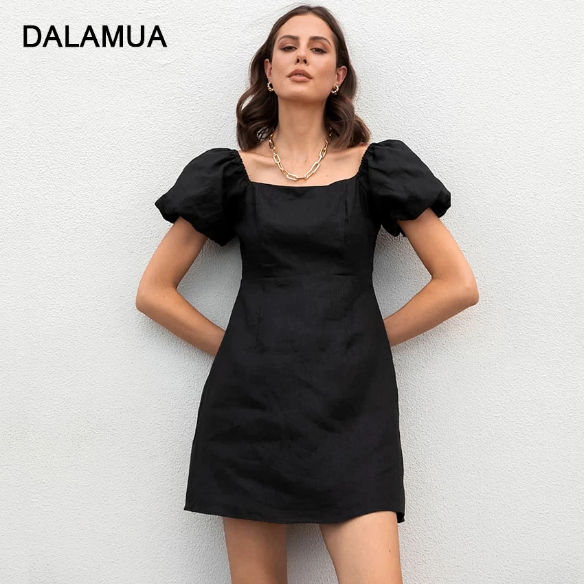 

Женское платье с коротким рукавом и квадратным вырезом, облегающее хлопковое однотонное черное офисное платье мини с высокой талией в винт...