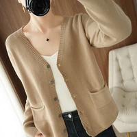 new style pure cotton knit sweater women cardigan v neck long sleeved seven needle loose short double pockets spring autumn tops